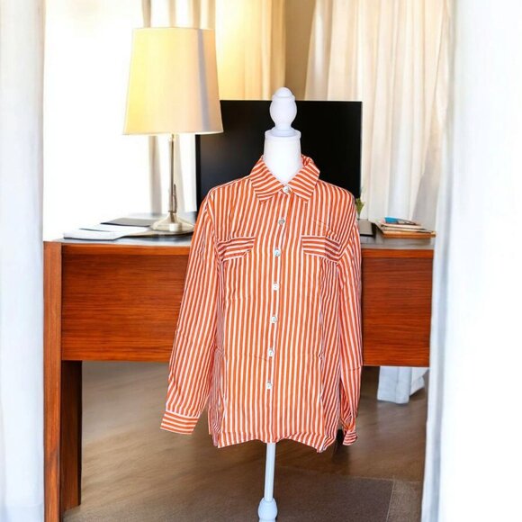 Melrose Studio 100% Silk  Blouse Long Sleeve Button Front Career Orange Stripe S - Picture 6 of 7